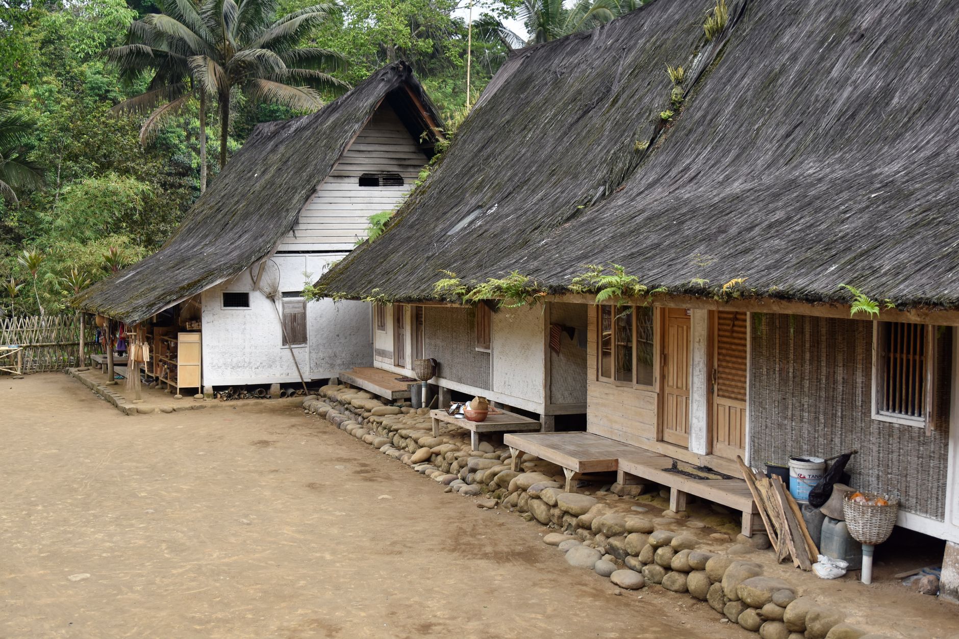 Rumah sederhana bergaya kampung dengan atap jerami, dinding kayu, dan taman kecil yang asri