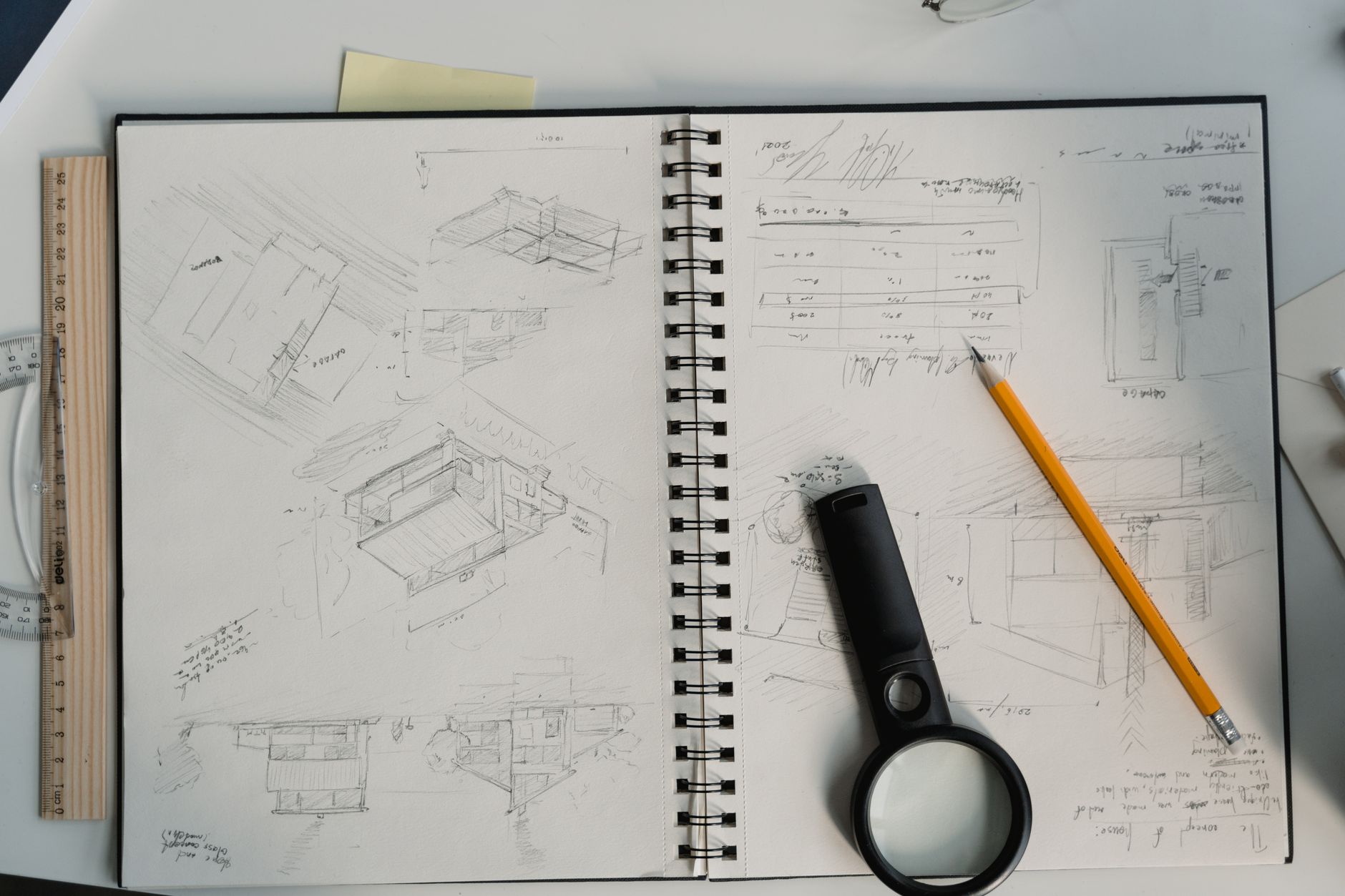 Sketsa rumah impian sederhana dengan desain minimalis, taman kecil, dan pencahayaan alami yang hangat.
